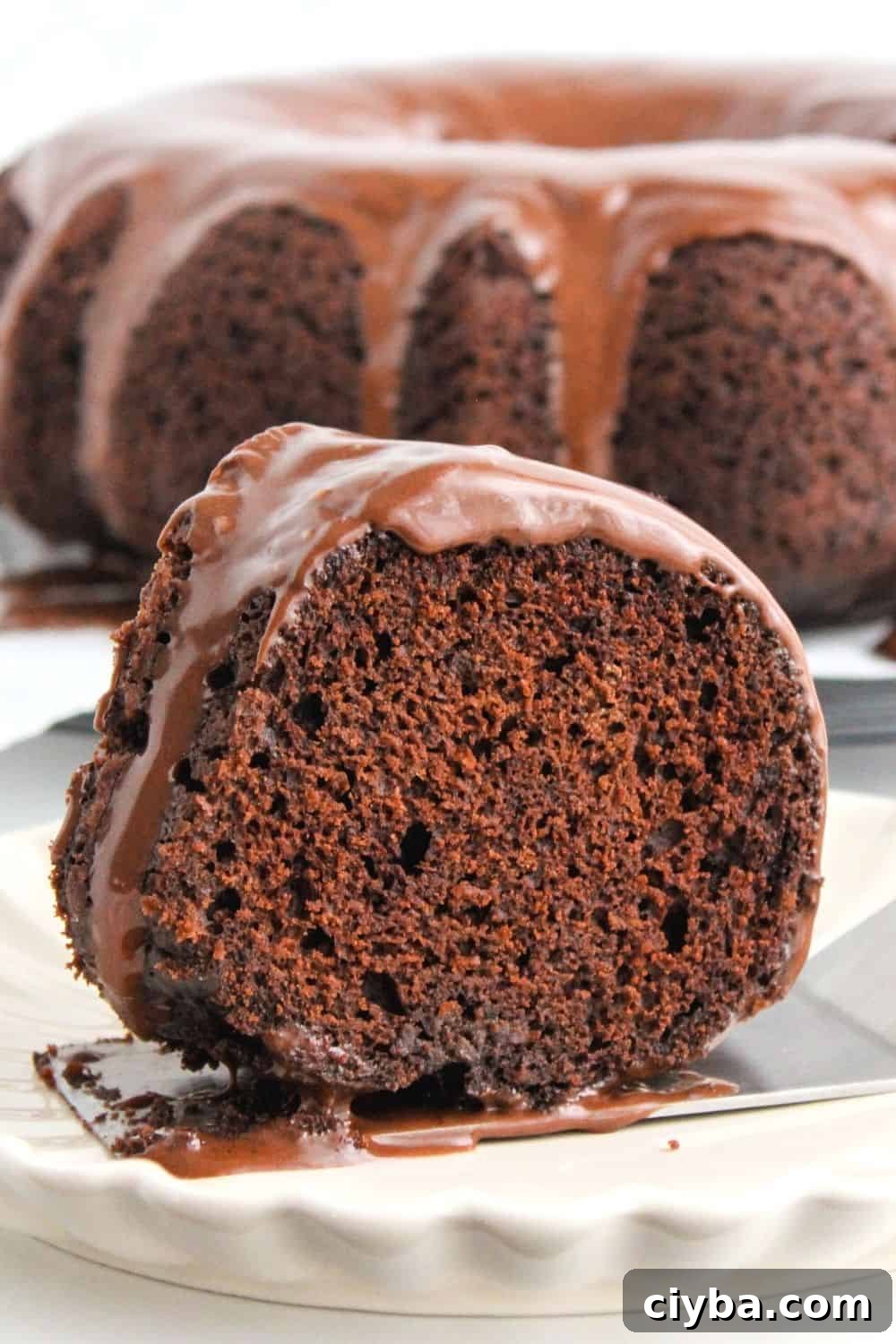 How to Make a Decadent Chocolate Fudge Cake 5 close-up view of a slice of chocolate fudge cake, with the remaining bundt cake in the background