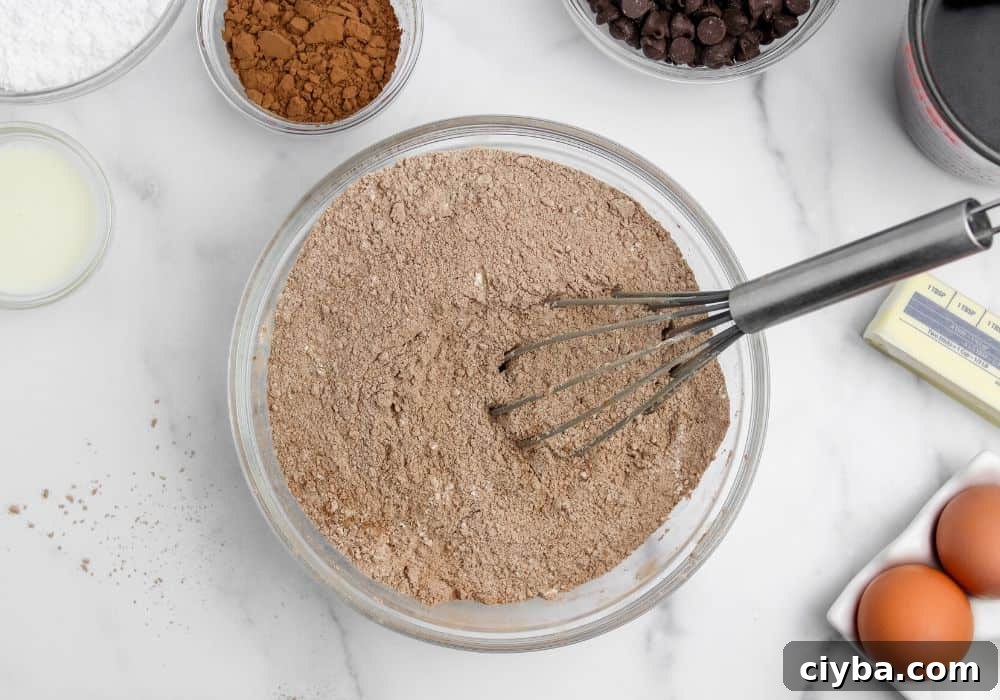 How to Make a Decadent Chocolate Fudge Cake 6 flour, sugar, cocoa powder, baking soda, and salt whisked together in a bowl