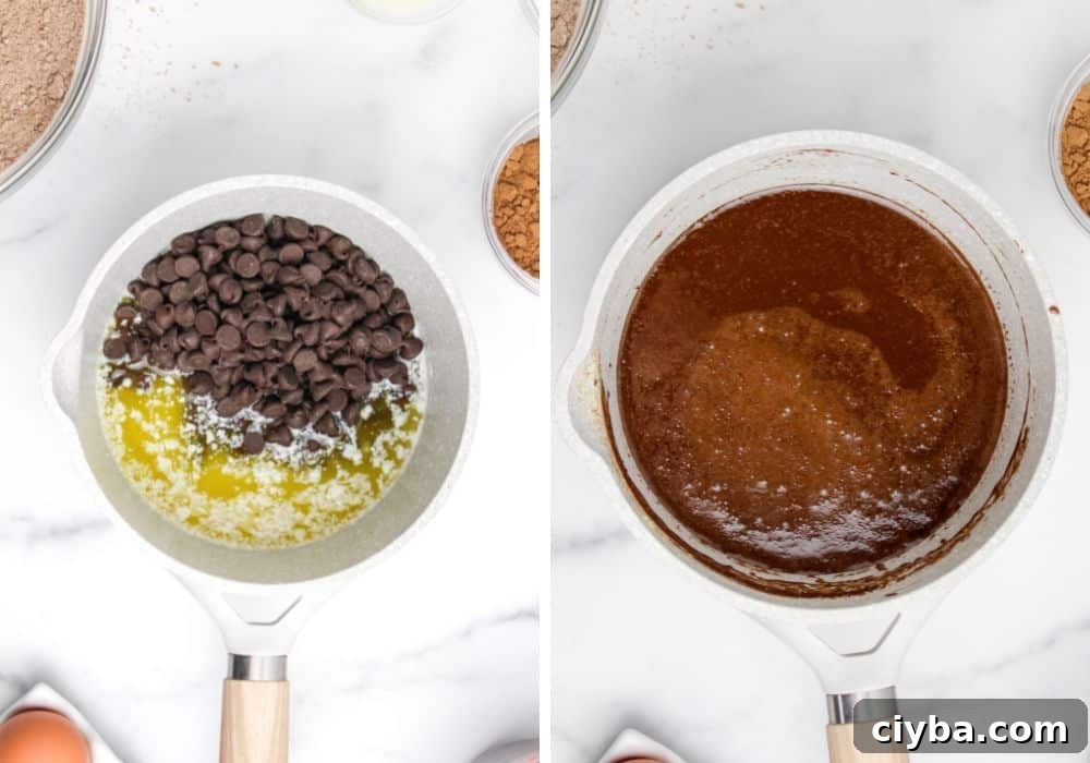 How to Make a Decadent Chocolate Fudge Cake 7 melted butter and chocolate chips in a saucepan