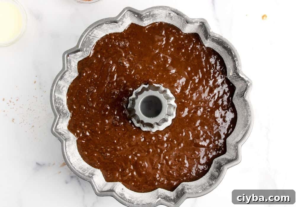 How to Make a Decadent Chocolate Fudge Cake 10 chocolate fudge cake batter in prepared pan, ready for baking