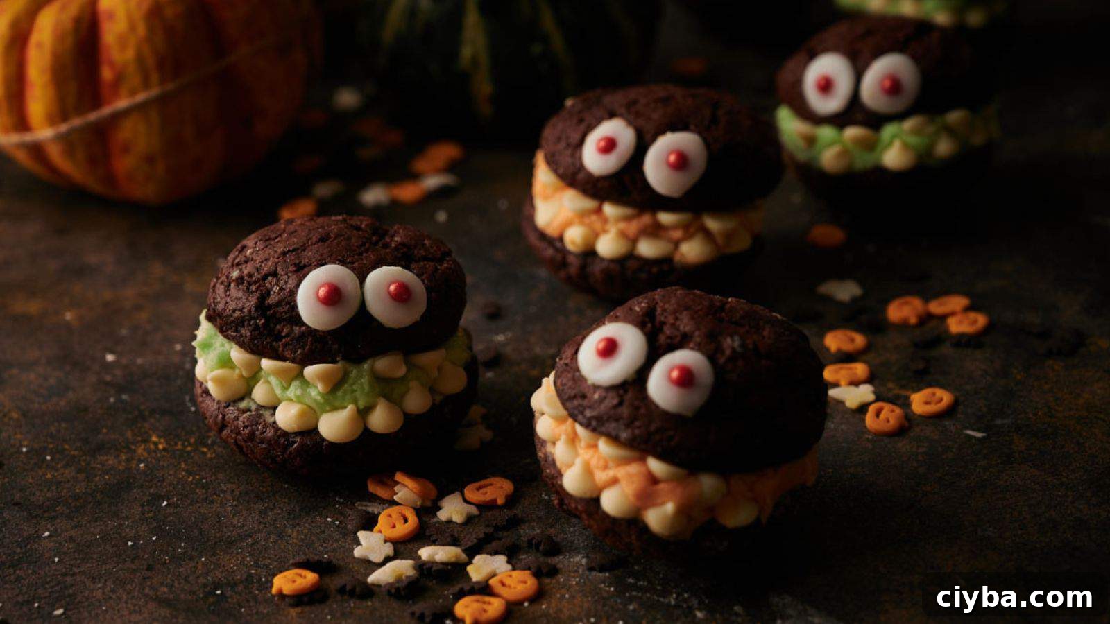 A group of chocolate monster cookies on a table with pumpkins.