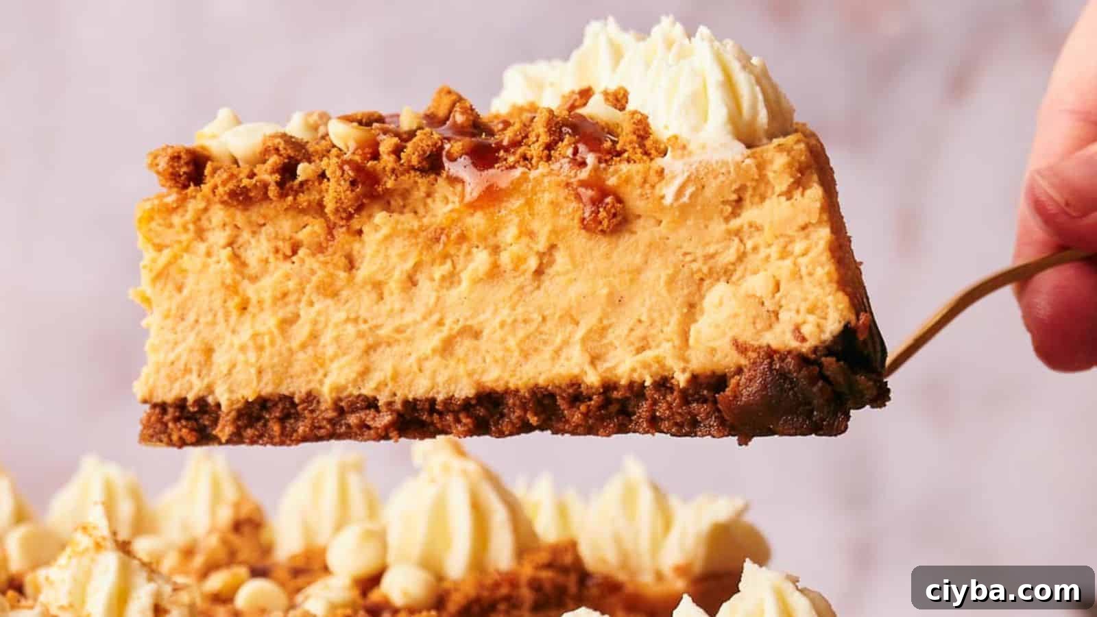 A person holding a piece of pumpkin cheesecake on a fork.