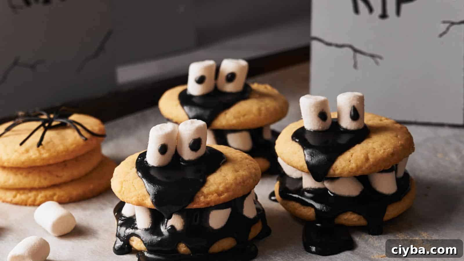 Halloween cookies with black frosting and marshmallows.