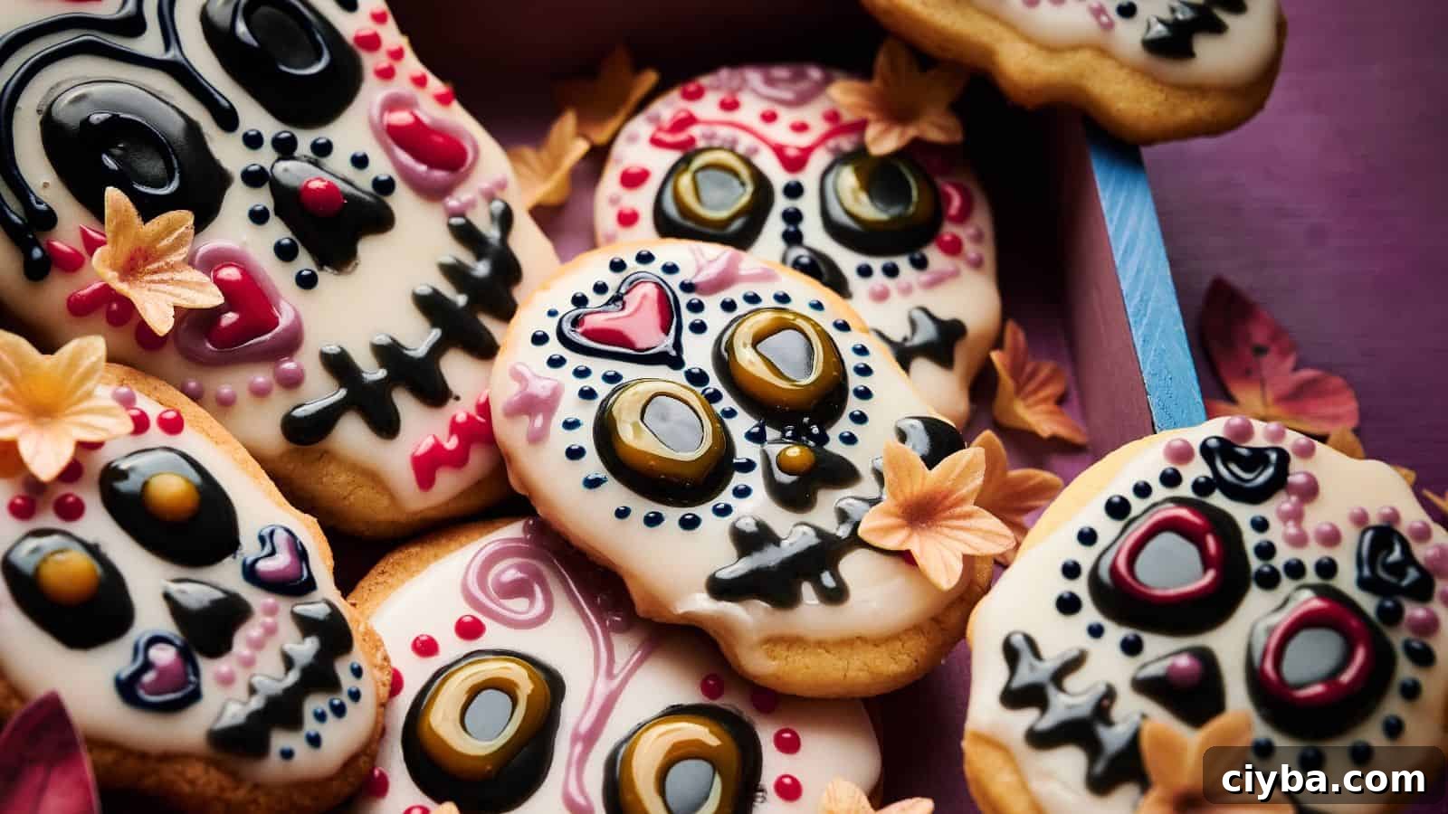 Decorated sugar cookies shaped like skulls with colorful icing, designed to resemble traditional Dia de los Muertos sugar skulls, are arranged with small decorative leaves.