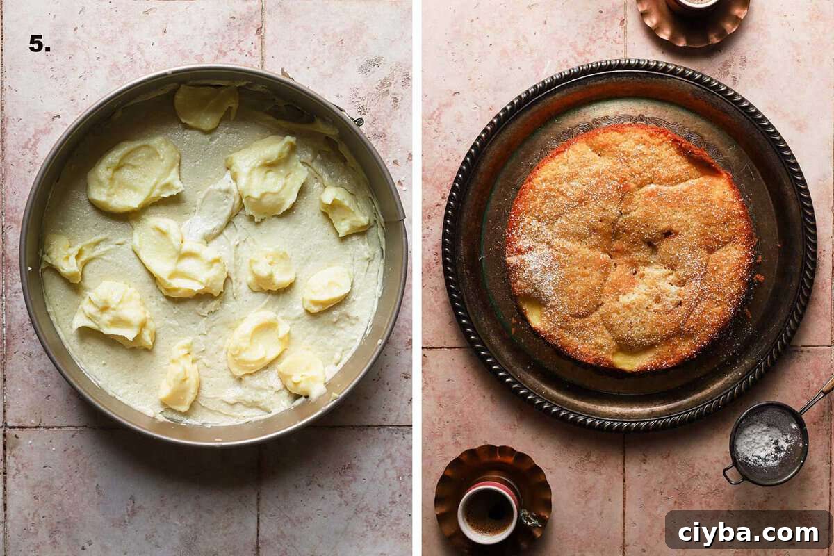 Italian custard cake before and after baking.