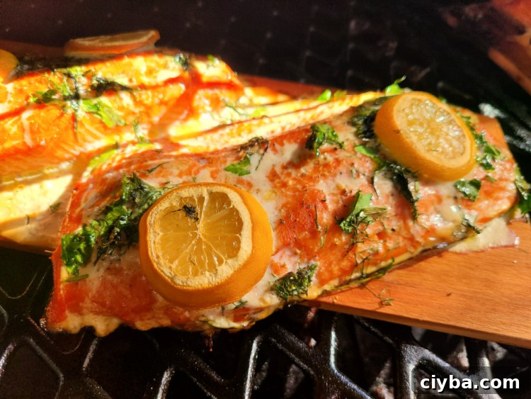 Cedar Plank Salmon on smoker on a cedar plank