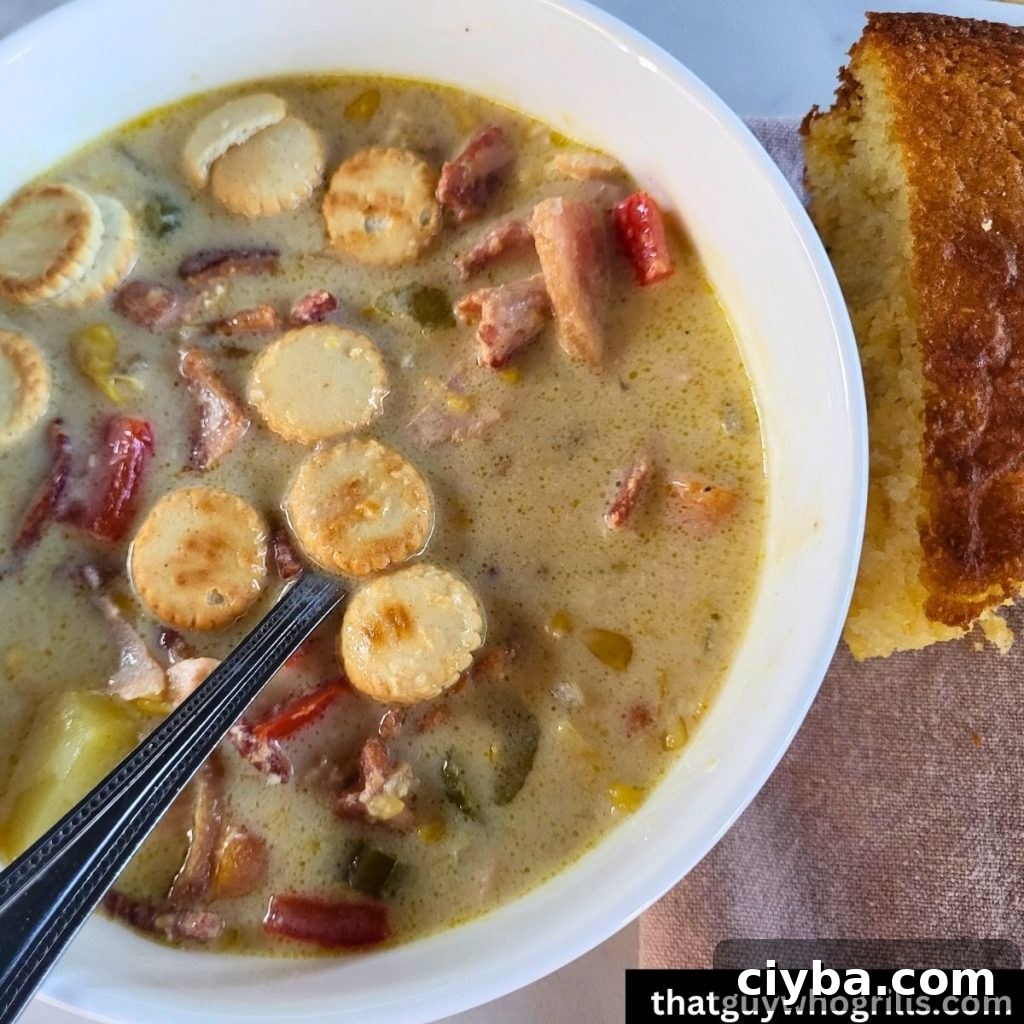 Smoked Salmon Chowder Served in a white bowl with crackers and next to a piece of cornbread