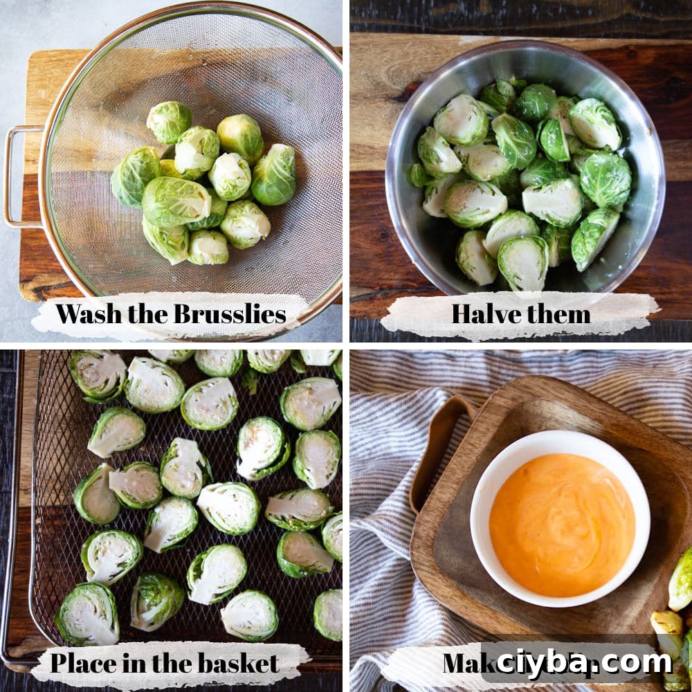 Crispy Air Fryer Brussels Sprouts with Buffalo Ranch Sauce 5 Process shots of washing and quartering Brussels sprouts, in the air fryer basket, and the dipping sauce.