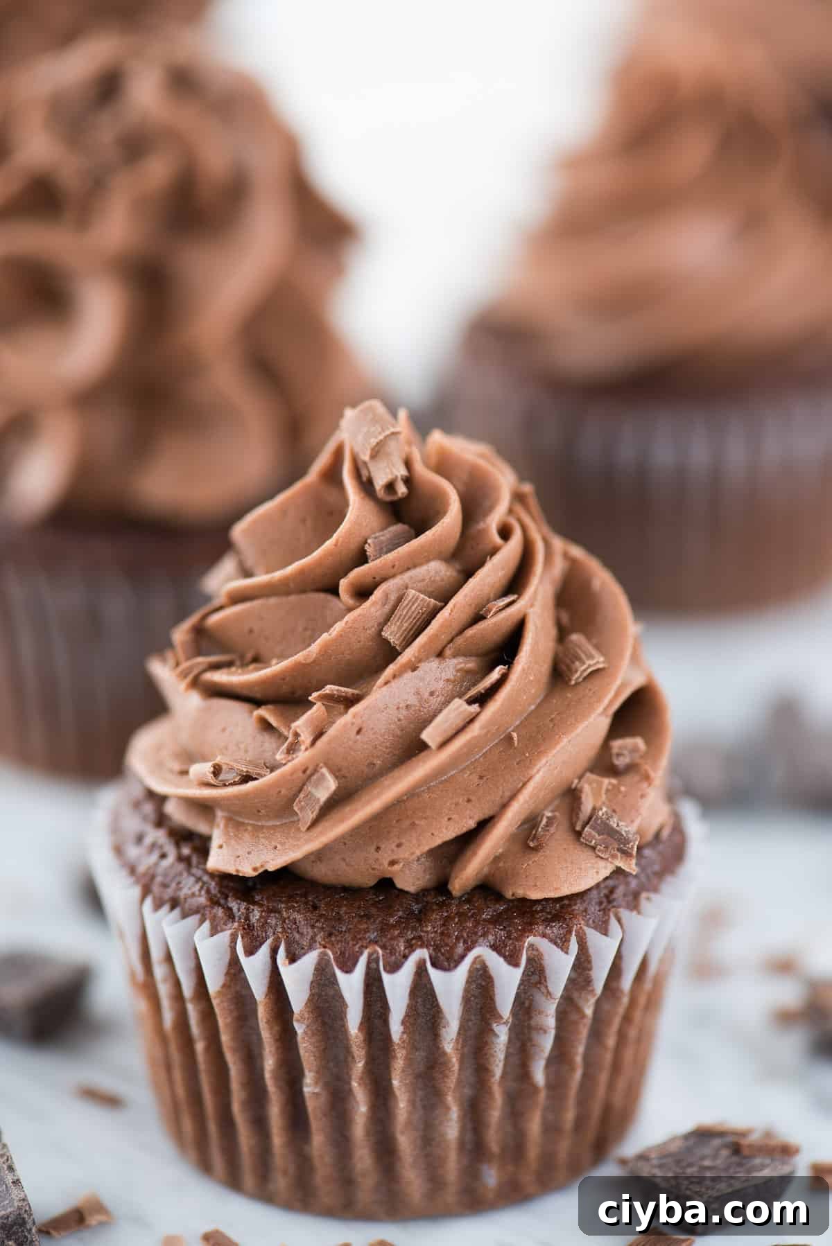 Moist Chocolate Cupcakes Recipe - Classic Homemade 3 chocolate cupcake with chocolate frosting on white background