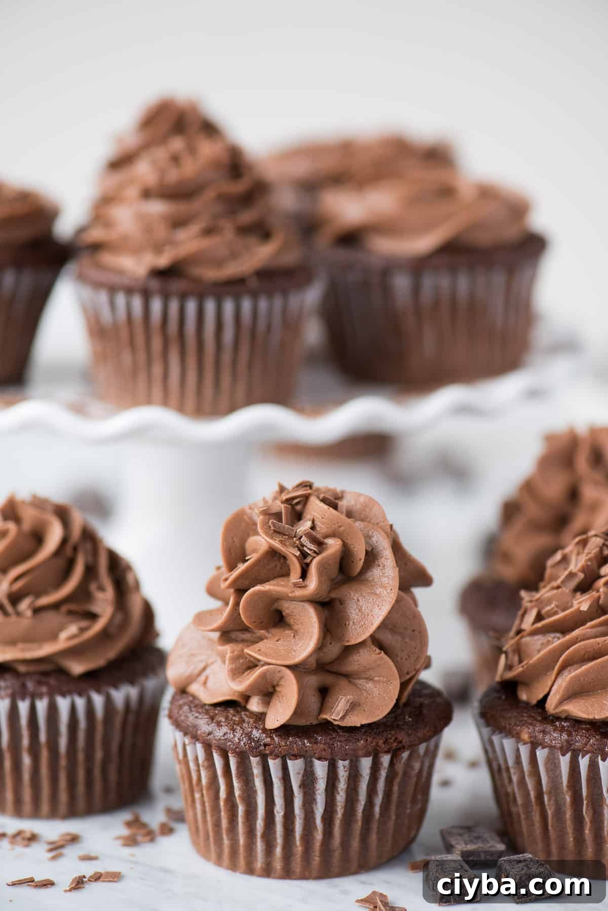 Moist Chocolate Cupcakes Recipe - Classic Homemade 4 chocolate cupcakes with chocolate frosting on white background