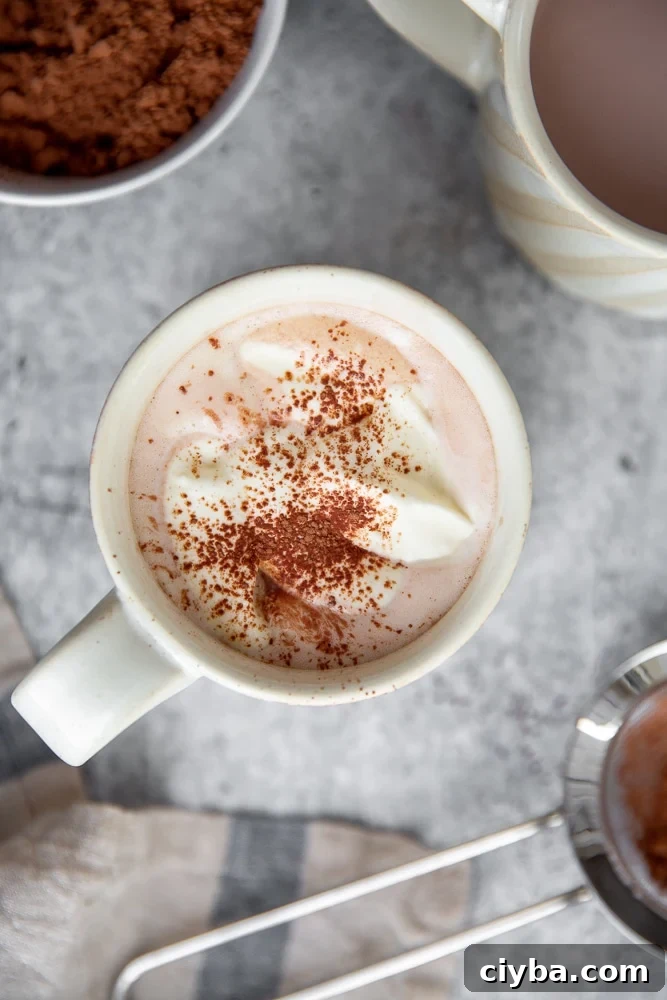 cup of hot cacao topped with coconut whipped cream