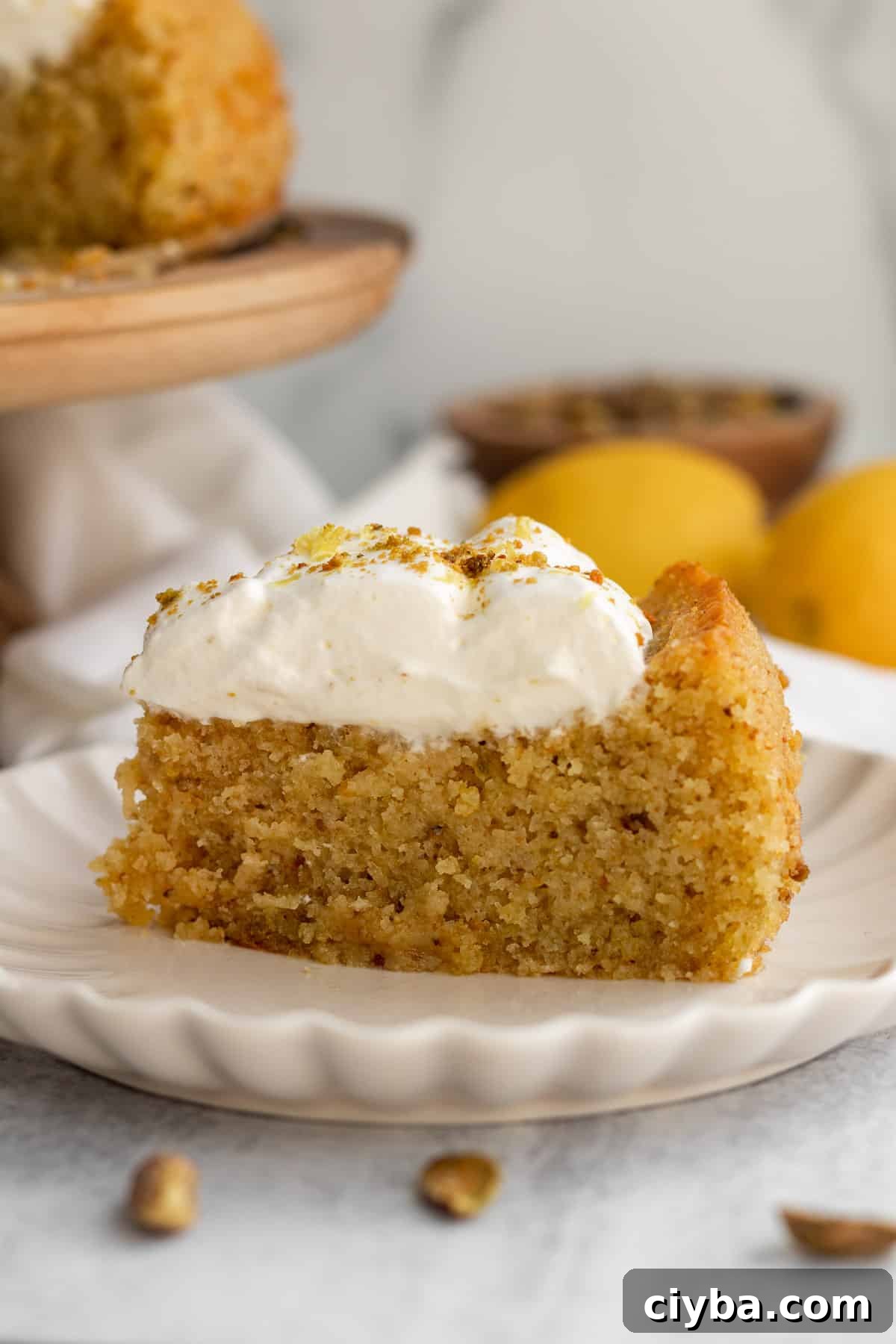 a slice of lemon pistachio cake on a cream scalloped plate