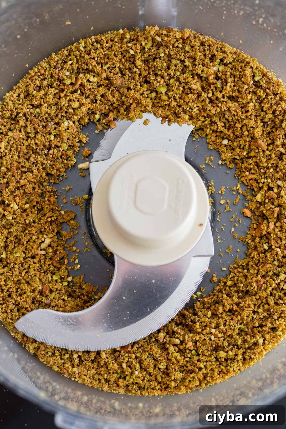 finely ground pistachios in a food processor bowl
