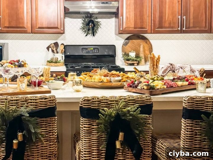 kitchen island with wood charcuterie boards filled with food for Christmas party