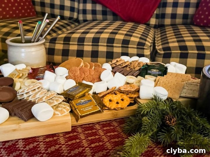Wood charcuterie board filled with cookies, candy, and marshmallows next to a mini indoor firepit for Christmas s'mores.