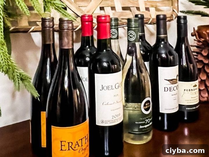 eight wine bottles lined up on top of side buffet table