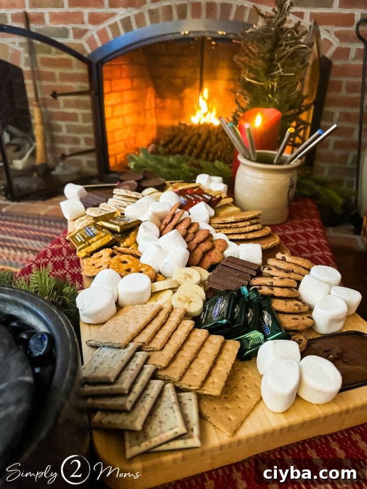 Wood board filled with ingredients to make s'mores in a room with a lit fireplace.