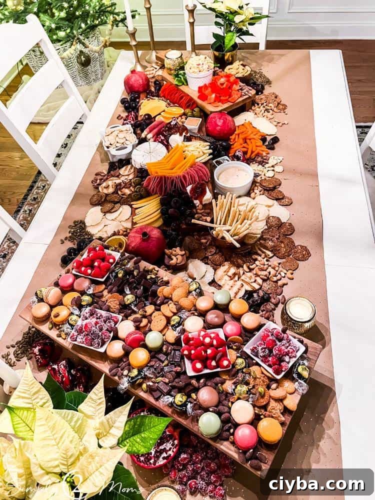 overhead view of wine and cheese party grazing table