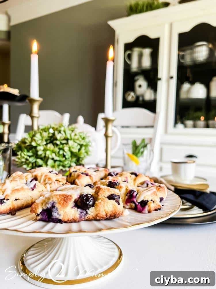 cake stand filled with homemade blueberry scones
