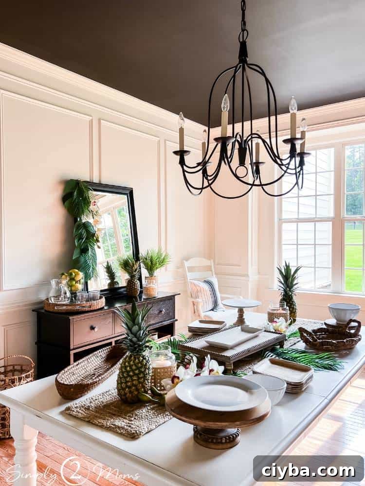 dining room decorated for Hawaiian luau tropical themed party