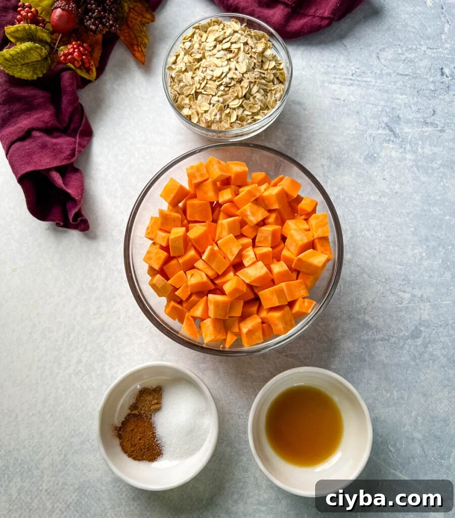 rolled oats, sweet potatoes, vanilla extract, and spices in separate bowls