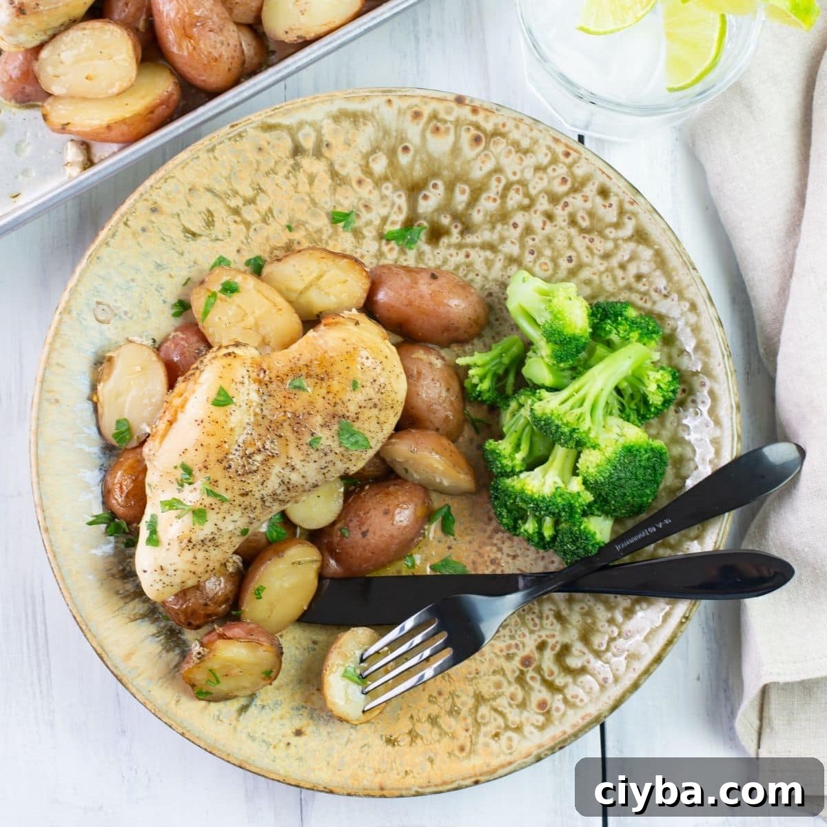 Slow Cooker Chicken and Potatoes with Garlic and Herbs 2 A dinner plate with a serving of crock pot chicken and potatoes with a side of steamed broccoli.
