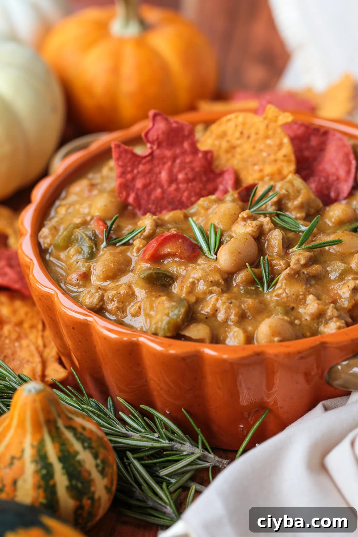Turkey chili with pumpkin in a bowl with napkin