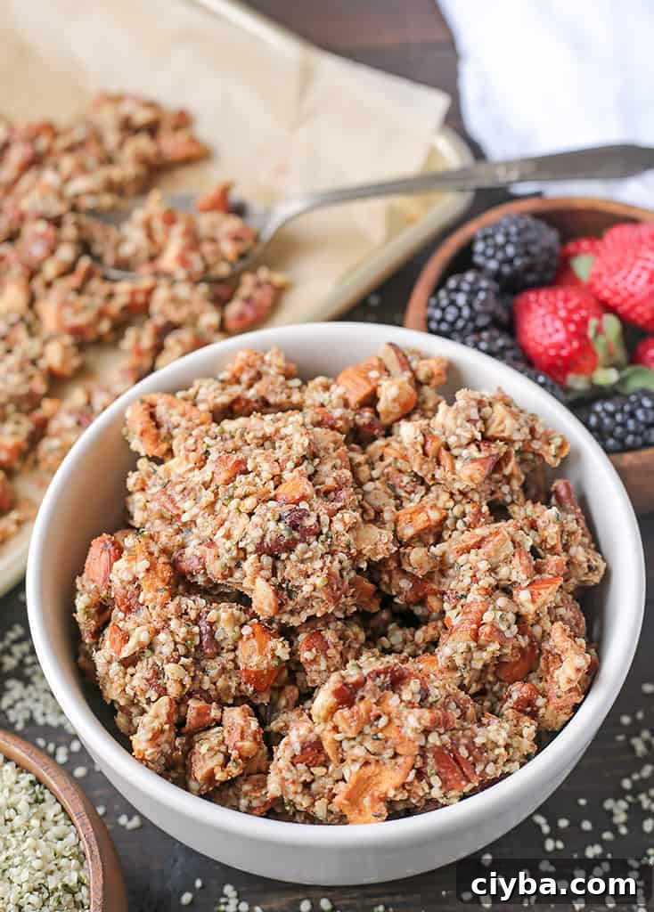 Paleo Caramel Apple Granola with cinnamon, dried apples, and seeds