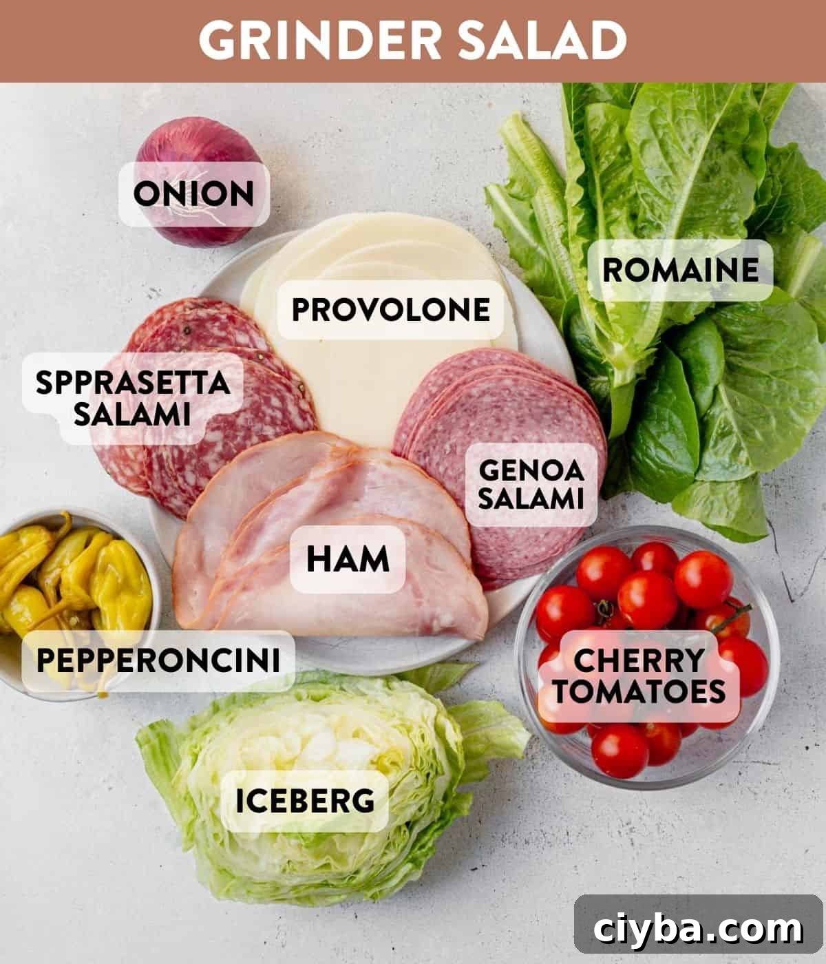 Italian Grinder Salad with Salami, Provolone & Vinaigrette 3 grinder salad ingredients on a countertop