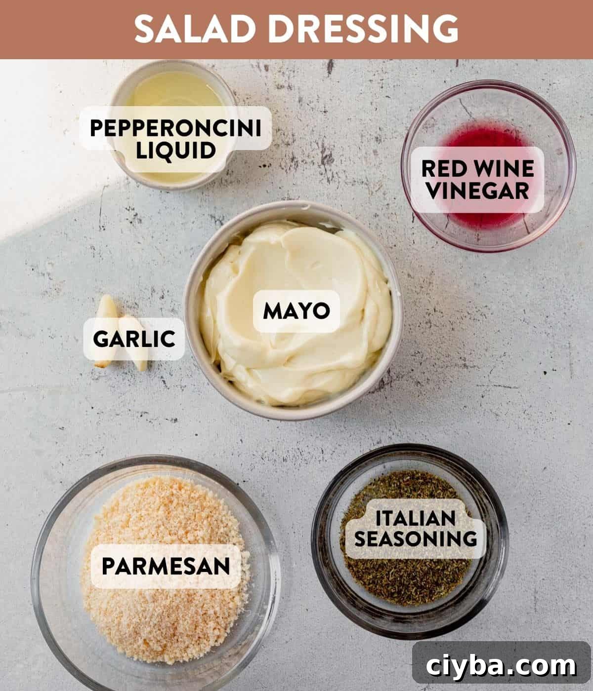 Italian Grinder Salad with Salami, Provolone & Vinaigrette 4 grinder salad dressing ingredients on a counter