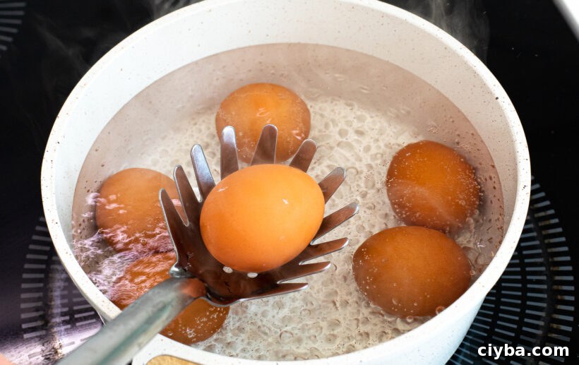 Master Jammy Eggs: Soft-Boiled Eggs with Creamy Yolks 3 Using a ladle to gently lower eggs into a pot of boiling water.