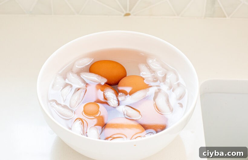 Master Jammy Eggs: Soft-Boiled Eggs with Creamy Yolks 5 Eggs placed in an ice bath after being boiled.