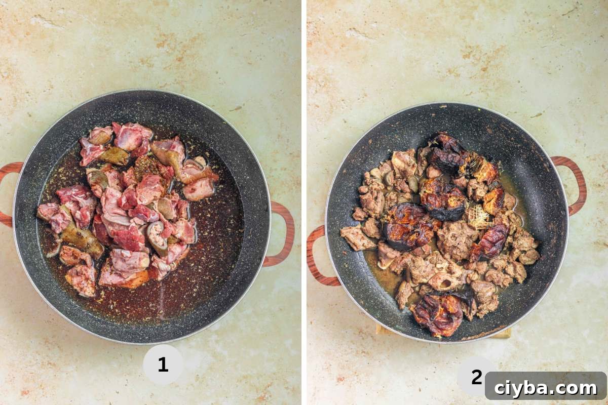 Goat meat in a large pot with water, and dry fish added to slightly cooked meat. 
