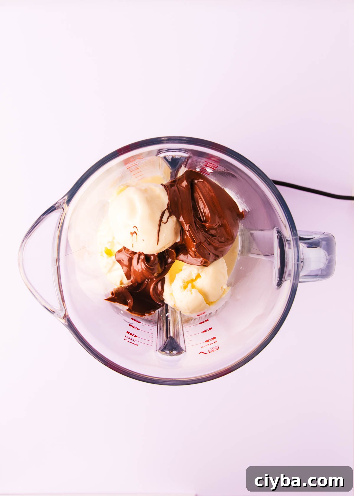 Overhead view of a blender jug containing scoops of vanilla ice cream, milk and Nutella.