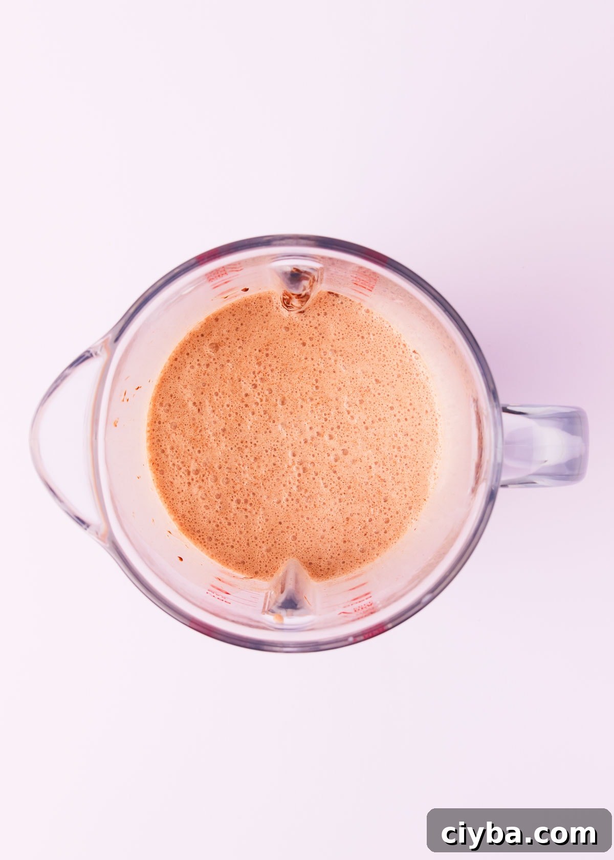 Overhead view of the blender jug, showing the blended shake.