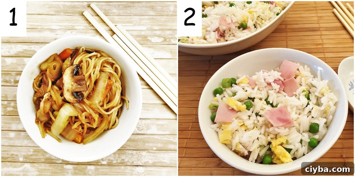 Crispy Sesame Chicken Recipe 3 A bowl of vegetable chow mein and a bowl of egg fried rice.