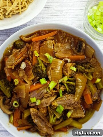 A dish of duck in garlic sauce with vegetables next to a dish of pasta.