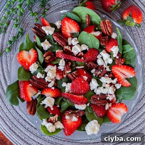 spinach, strawberries, goat cheese and pecans on plate not dressed