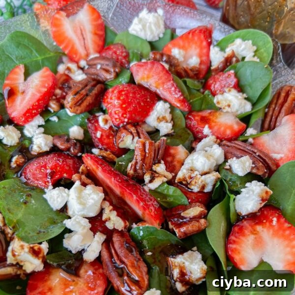 strawberry spinach salad with dressing, close up