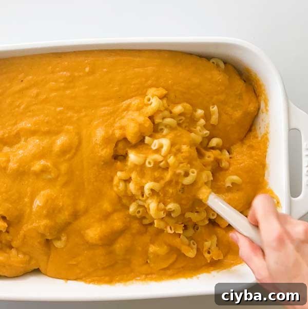 Stirring cheese sauce and pasta in baking dish.