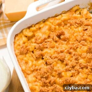 Close-up of cottage cheese mac & cheese with butternut squash in a casserole dish.