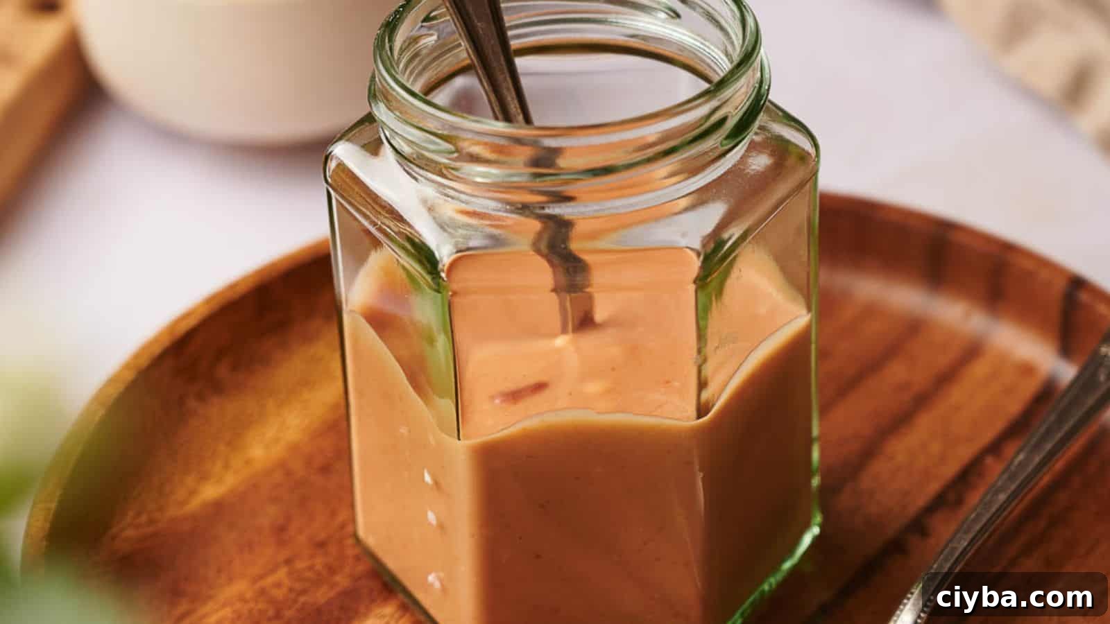 Despite a Busy Schedule, I Completed 17 Dips 13 A hexagonal glass jar filled with creamy peanut butter sits on a wooden tray, with a metal spoon inside.