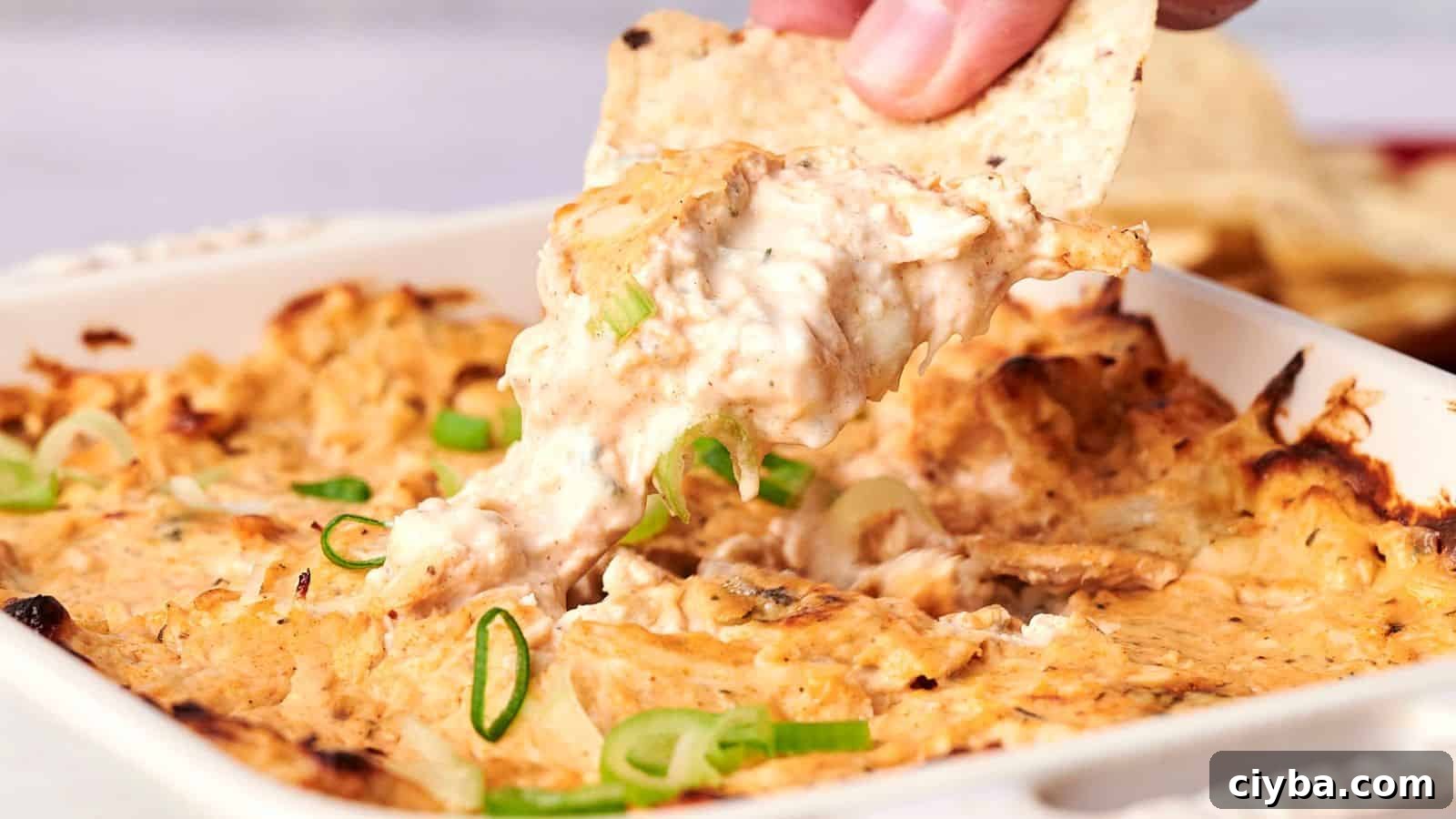Despite a Busy Schedule, I Completed 17 Dips 15 A hand dips a tortilla chip into a cheesy baked dish topped with sliced green onions.