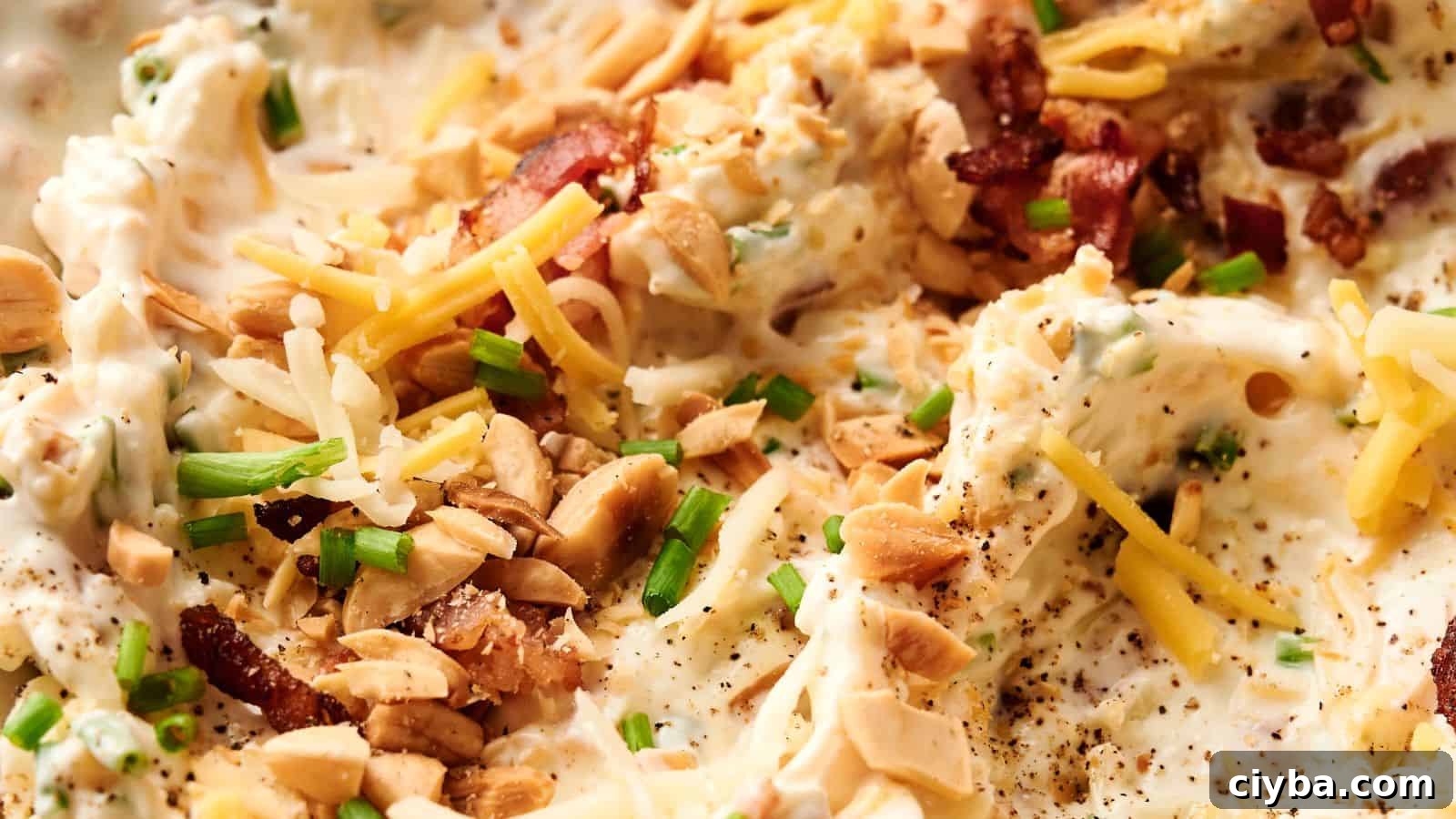 Despite a Busy Schedule, I Completed 17 Dips 16 Close-up of a creamy dish topped with shredded cheese, chopped nuts, bacon bits, and sliced green onions.