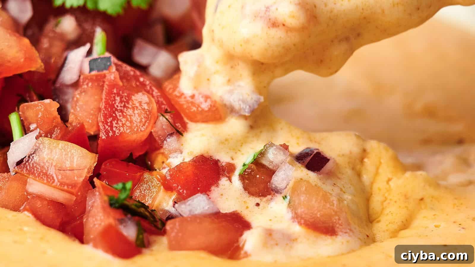Despite a Busy Schedule, I Completed 17 Dips 6 Close-up of creamy cheese dip being poured over chopped tomato salsa with diced onions and cilantro.