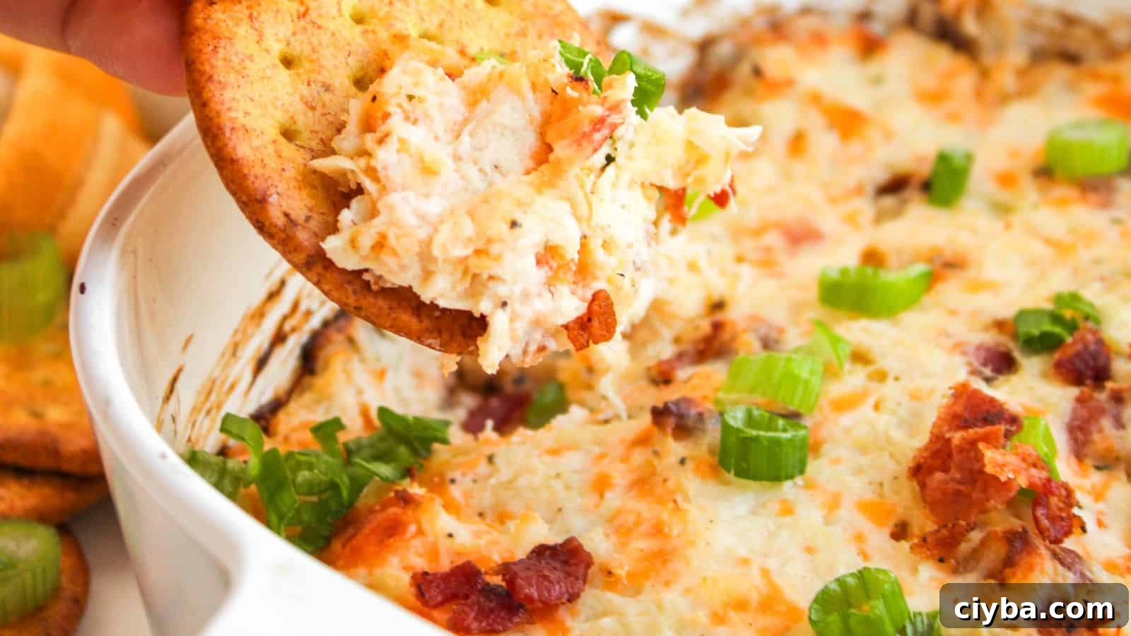 Despite a Busy Schedule, I Completed 17 Dips 7 Cracker with creamy dip featuring bacon bits and green onions being lifted from a dish.