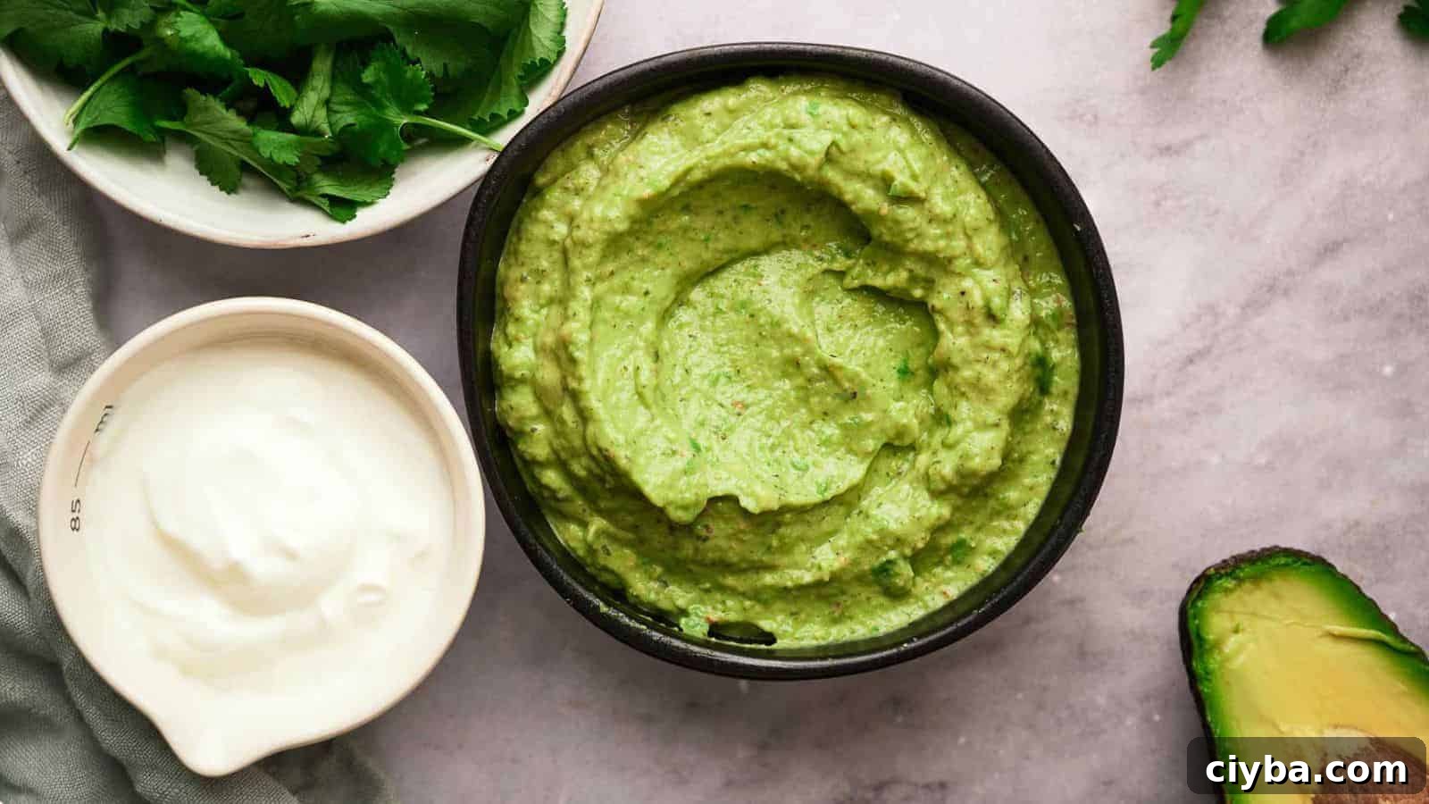 Despite a Busy Schedule, I Completed 17 Dips 9 Avocado sauce in a bowl with it's ingredients surrounding it.