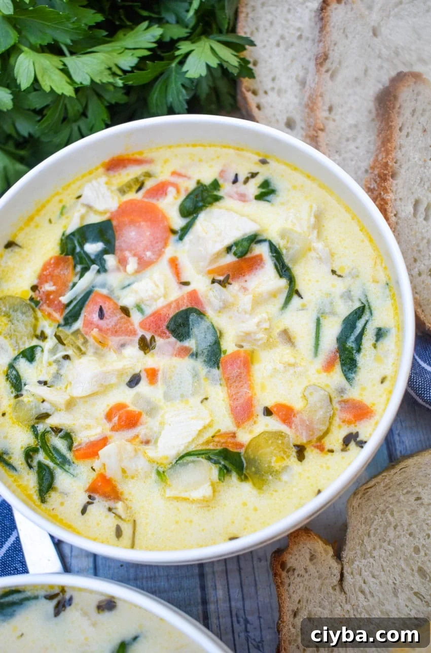 Creamy Chicken Florentine Soup with Spinach and Parmesan 2 chicken florentine soup in a white bowl with fresh herbs and slices of bread on the side