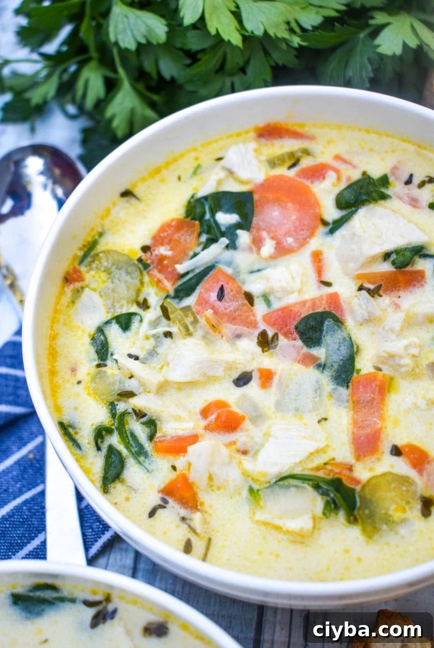 Creamy Chicken Florentine Soup with Spinach and Parmesan 5 chicken florentine soup in a white bowl with fresh herbs and slices of bread on the side