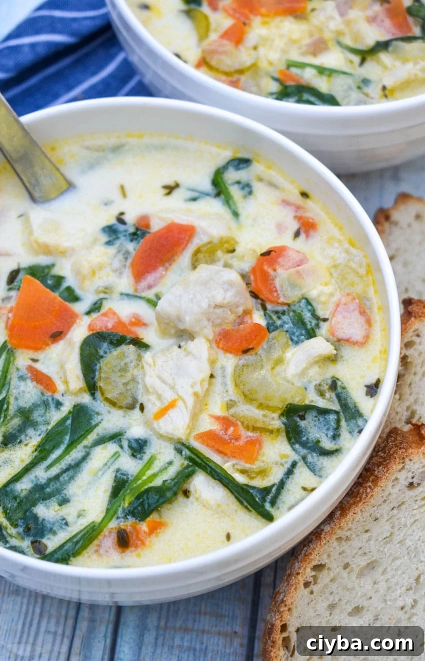 Creamy Chicken Florentine Soup with Spinach and Parmesan 7 chicken florentine soup in a white bowl with fresh herbs and slices of bread on the side